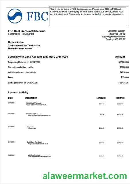 Zimbabwe FBC Bank account statement Word and PDF template